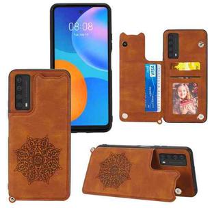 For Huawei Y7a Mandala Embossed PU + TPU Case with Holder & Card Slots & Photo Frame & Strap(Brown)