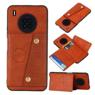 For Huawei Y9a Double Buckle PU + TPU Shockproof Magnetic Protective Case with Card Slot & Holder(Brown)