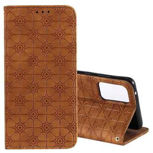 For Samsung Galaxy A72 5G / 4G Lucky Flowers Embossing Pattern Magnetic Horizontal Flip Leather Case with Holder & Card Slots(Yellow Brown)