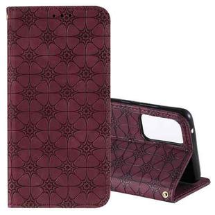 For Samsung Galaxy A72 5G / 4G Lucky Flowers Embossing Pattern Magnetic Horizontal Flip Leather Case with Holder & Card Slots(Wine Red)