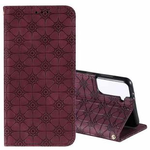 For Samsung Galaxy S21+ 5G Lucky Flowers Embossing Pattern Magnetic Horizontal Flip Leather Case with Holder & Card Slots(Wine Red)