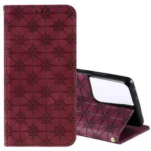 For Samsung Galaxy S21 Ultra 5G Lucky Flowers Embossing Pattern Magnetic Horizontal Flip Leather Case with Holder & Card Slots(Wine Red)