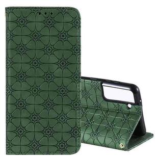 For Samsung Galaxy S21 5G Lucky Flowers Embossing Pattern Magnetic Horizontal Flip Leather Case with Holder & Card Slots(Dark Green)