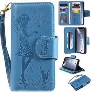 For iPhone 11 Pro Woman and Cat Embossed Horizontal Flip Leather Case, with Wallet & Holder & Card Slots & Photo Frame & Mirror & Lanyard(Blue)