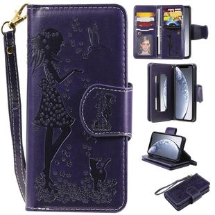 For iPhone 11 Pro Woman and Cat Embossed Horizontal Flip Leather Case, with Wallet & Holder & Card Slots & Photo Frame & Mirror & Lanyard(Purple)