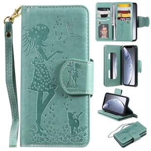 For iPhone 11 Pro Woman and Cat Embossed Horizontal Flip Leather Case, with Wallet & Holder & Card Slots & Photo Frame & Mirror & Lanyard(Green)