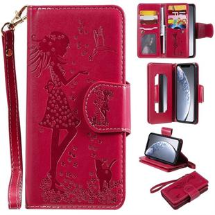 For iPhone 11 Pro Woman and Cat Embossed Horizontal Flip Leather Case, with Wallet & Holder & Card Slots & Photo Frame & Mirror & Lanyard(Red)