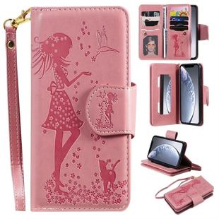For iPhone 11 Pro Woman and Cat Embossed Horizontal Flip Leather Case, with Wallet & Holder & Card Slots & Photo Frame & Mirror & Lanyard(Pink)