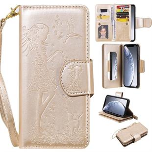 For iPhone 11 Pro Woman and Cat Embossed Horizontal Flip Leather Case, with Wallet & Holder & Card Slots & Photo Frame & Mirror & Lanyard(Gold)