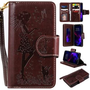 For iPhone 11 Woman and Cat Embossed Horizontal Flip Leather Case, with Wallet & Holder & Card Slots & Photo Frame & Mirror & Lanyard(Brown)