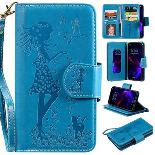 For iPhone 11 Woman and Cat Embossed Horizontal Flip Leather Case, with Wallet & Holder & Card Slots & Photo Frame & Mirror & Lanyard(Blue)