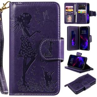 For iPhone 11 Woman and Cat Embossed Horizontal Flip Leather Case, with Wallet & Holder & Card Slots & Photo Frame & Mirror & Lanyard(Purple)