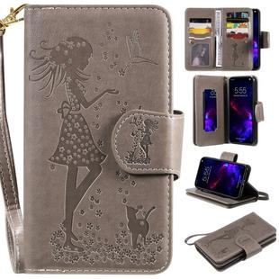 For iPhone 11 Woman and Cat Embossed Horizontal Flip Leather Case, with Wallet & Holder & Card Slots & Photo Frame & Mirror & Lanyard(Grey)