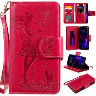 For iPhone 11 Woman and Cat Embossed Horizontal Flip Leather Case, with Wallet & Holder & Card Slots & Photo Frame & Mirror & Lanyard(Red)