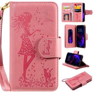 For iPhone 11 Woman and Cat Embossed Horizontal Flip Leather Case, with Wallet & Holder & Card Slots & Photo Frame & Mirror & Lanyard(Pink)