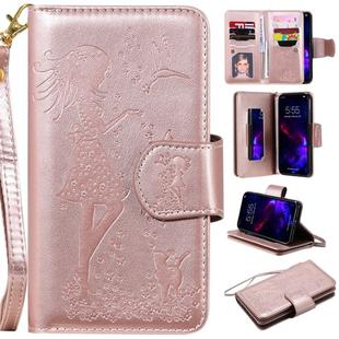 For iPhone 11 Woman and Cat Embossed Horizontal Flip Leather Case, with Wallet & Holder & Card Slots & Photo Frame & Mirror & Lanyard(Rose Gold)