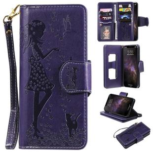 For iPhone 11 Pro Max Woman and Cat Embossed Horizontal Flip Leather Case, with Wallet & Holder & Card Slots & Photo Frame & Mirror & Lanyard(Purple)