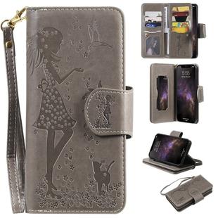 For iPhone 11 Pro Max Woman and Cat Embossed Horizontal Flip Leather Case, with Wallet & Holder & Card Slots & Photo Frame & Mirror & Lanyard(Grey)
