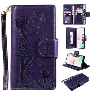 For Galaxy Note 10 Plus Woman and Cat Embossed Horizontal Flip Leather Case, with Wallet & Holder & Card Slots & Photo Frame & Mirror & Lanyard(Purple)