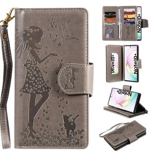 For Galaxy Note 10 Plus Woman and Cat Embossed Horizontal Flip Leather Case, with Wallet & Holder & Card Slots & Photo Frame & Mirror & Lanyard(Grey)