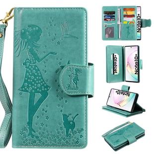 For Galaxy Note 10 Plus Woman and Cat Embossed Horizontal Flip Leather Case, with Wallet & Holder & Card Slots & Photo Frame & Mirror & Lanyard(Green)