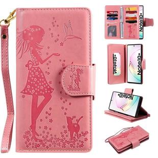 For Galaxy Note 10 Plus Woman and Cat Embossed Horizontal Flip Leather Case, with Wallet & Holder & Card Slots & Photo Frame & Mirror & Lanyard(Pink)