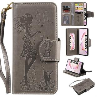 For Galaxy Note 10 Woman and Cat Embossed Horizontal Flip Leather Case, with Wallet & Holder & Card Slots & Photo Frame & Mirror & Lanyard(Grey)