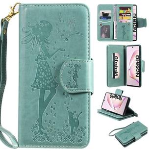For Galaxy Note 10 Woman and Cat Embossed Horizontal Flip Leather Case, with Wallet & Holder & Card Slots & Photo Frame & Mirror & Lanyard(Green)