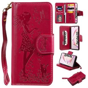 For Galaxy Note 10 Woman and Cat Embossed Horizontal Flip Leather Case, with Wallet & Holder & Card Slots & Photo Frame & Mirror & Lanyard(Red)