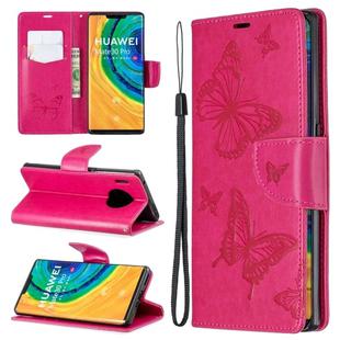 For Huawei Mate 30 Pro Two Butterflies Embossing Pattern Horizontal Flip Leather Case with Holder & Card Slot & Wallet & Lanyard(Rose Red)