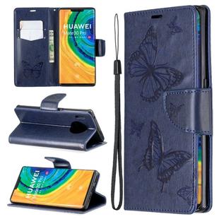 For Huawei Mate 30 Pro Two Butterflies Embossing Pattern Horizontal Flip Leather Case with Holder & Card Slot & Wallet & Lanyard(Dark Blue)