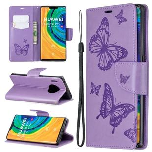 For Huawei Mate 30 Pro Two Butterflies Embossing Pattern Horizontal Flip Leather Case with Holder & Card Slot & Wallet & Lanyard(Purple)