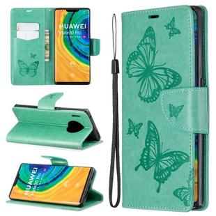 For Huawei Mate 30 Pro Two Butterflies Embossing Pattern Horizontal Flip Leather Case with Holder & Card Slot & Wallet & Lanyard(Green)