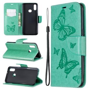 For Galaxy A10s Two Butterflies Embossing Pattern Horizontal Flip Leather Case with Holder & Card Slot & Wallet & Lanyard(Green)