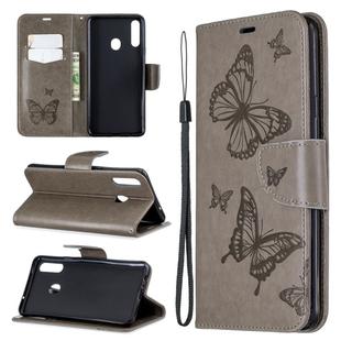 For Galaxy A20s Two Butterflies Embossing Pattern Horizontal Flip Leather Case with Holder & Card Slot & Wallet & Lanyard(Grey)