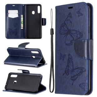 For Galaxy A20s Two Butterflies Embossing Pattern Horizontal Flip Leather Case with Holder & Card Slot & Wallet & Lanyard(Dark Blue)