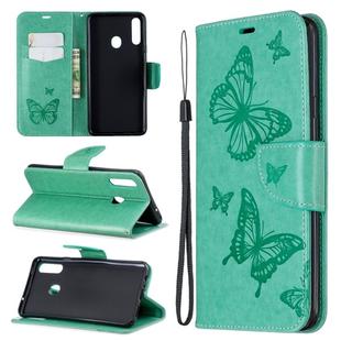 For Galaxy A20s Two Butterflies Embossing Pattern Horizontal Flip Leather Case with Holder & Card Slot & Wallet & Lanyard(Green)