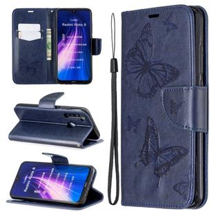 For Xiaomi Redmi Note 8 Two Butterflies Embossing Pattern Horizontal Flip Leather Case with Holder & Card Slot & Wallet & Lanyard(Dark Blue)