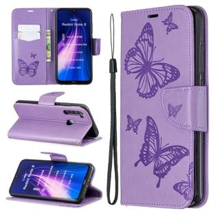 For Xiaomi Redmi Note 8 Two Butterflies Embossing Pattern Horizontal Flip Leather Case with Holder & Card Slot & Wallet & Lanyard(Purple)