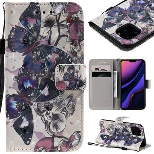 For iPhone 11 Pro 3D Painted Pattern Horizontal Flip Leather Case, with Wallet & Holder & Card Slots & Lanyard(Black Butterfly)