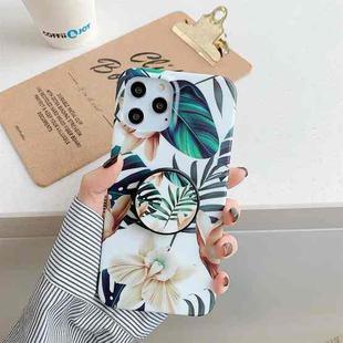Shockproof IMD TPU Protective Case with Folding Holder For iPhone 11 Pro(Banana Leaves White Flower)