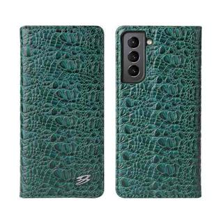 For Samsung Galaxy S21 5G Fierre Shann Crocodile Texture Magnetic Horizontal Flip Genuine Leather Case with Holder & Card Slot(Green)