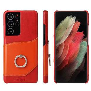For Samsung Galaxy S21 5G Fierre Shann Oil Wax Texture Genuine Leather Back Cover Case with 360 Degree Rotation Holder & Card Slot(Red)