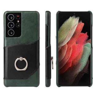 For Samsung Galaxy S21 Ultra 5G Fierre Shann Oil Wax Texture Genuine Leather Back Cover Case with 360 Degree Rotation Holder & Card Slot(Black)