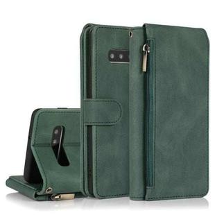 For Samsung Galaxy S10+ Skin-feel Crazy Horse Texture Zipper Wallet Bag Horizontal Flip Leather Case with Holder & Card Slots & Wallet & Lanyard(Dark Green)