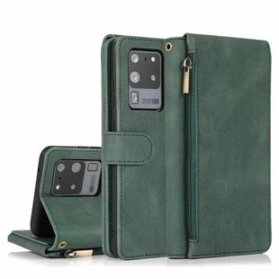 For Samsung Galaxy S20 Ultra Skin-feel Crazy Horse Texture Zipper Wallet Bag Horizontal Flip Leather Case with Holder & Card Slots & Wallet & Lanyard(Dark Green)