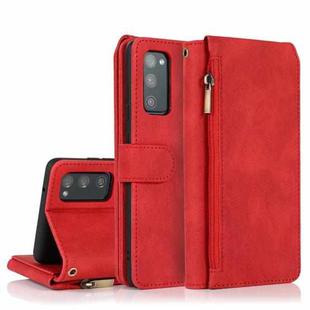 For Samsung Galaxy S20 FE 5G Skin-feel Crazy Horse Texture Zipper Wallet Bag Horizontal Flip Leather Case with Holder & Card Slots & Wallet & Lanyard(Red)