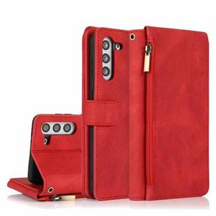 For Samsung Galaxy S21+ 5G Skin-feel Crazy Horse Texture Zipper Wallet Bag Horizontal Flip Leather Case with Holder & Card Slots & Wallet & Lanyard(Red)