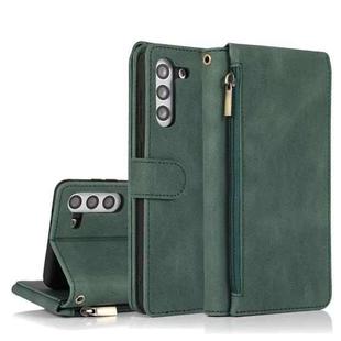 For Samsung Galaxy S21+ 5G Skin-feel Crazy Horse Texture Zipper Wallet Bag Horizontal Flip Leather Case with Holder & Card Slots & Wallet & Lanyard(Dark Green)