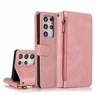 For Samsung Galaxy S21 Ultra 5G Skin-feel Crazy Horse Texture Zipper Wallet Bag Horizontal Flip Leather Case with Holder & Card Slots & Wallet & Lanyard(Rose Gold)